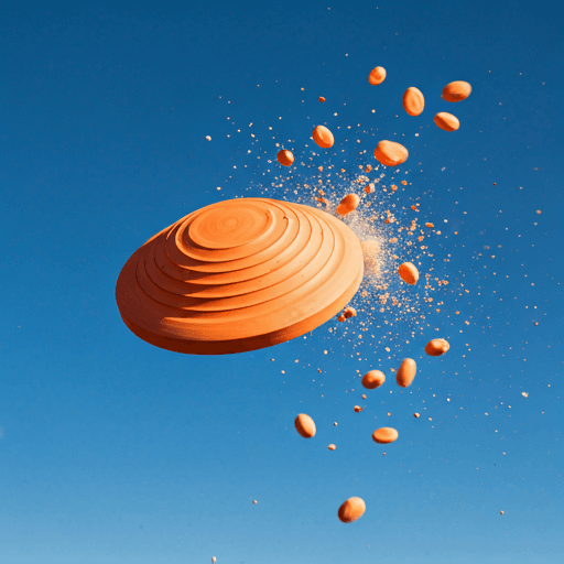 Clay target exploding mid-air after being shot against a deep blue sky